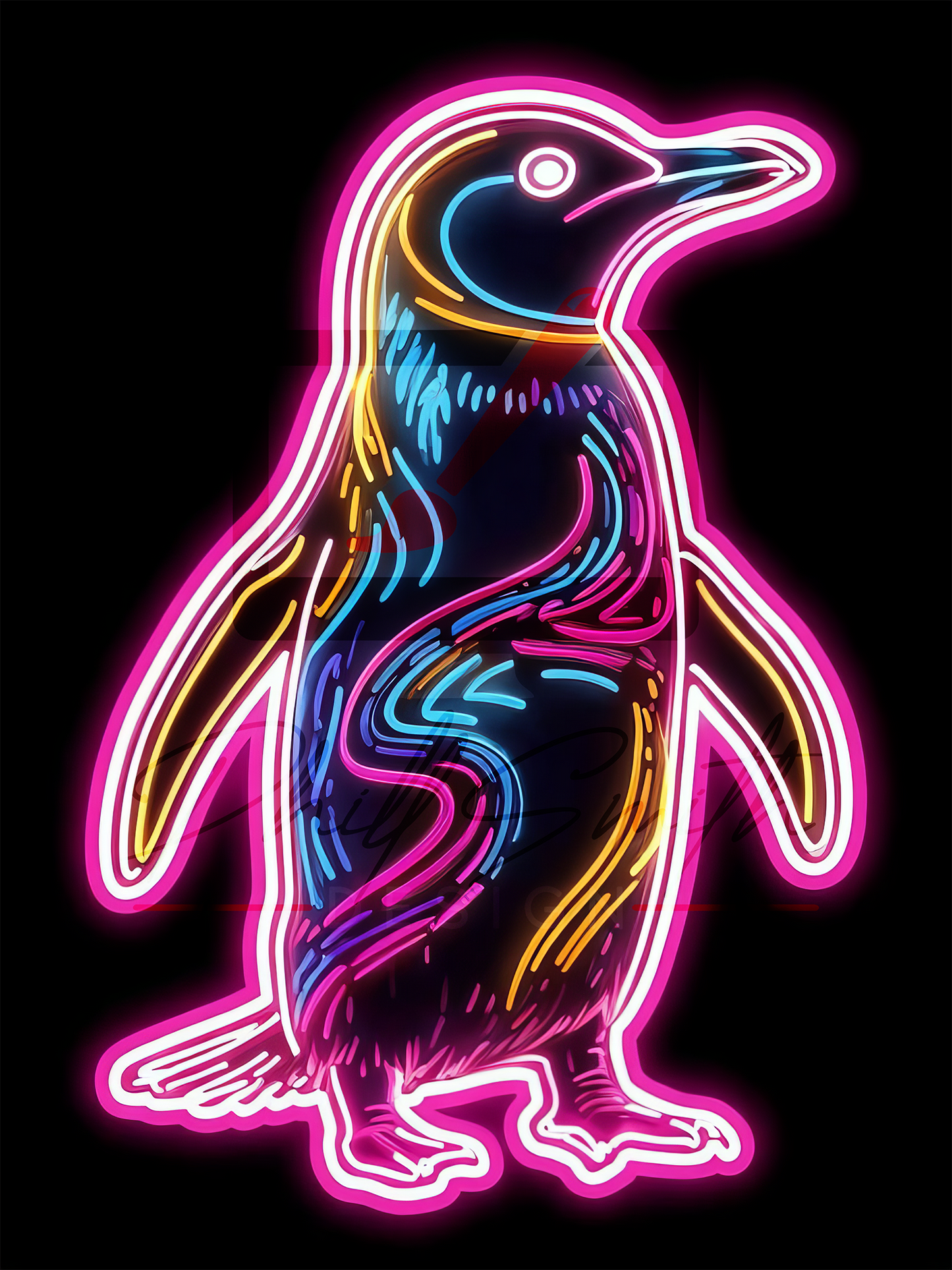 Neon Penguin Digital Artwork with Colorful Patterns Poster (Download Only)